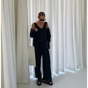 Varley Pelion Fluid Stretch Jersey V-Neck Wide Leg Jumpsuit Black Size Small